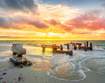 Jurien Bay Sunset over Old Jetty / Perfect Wall Art / Imprima su propia decoración del hogar / Imagen de la casa costera / Golden Beach Sunrise / Australia