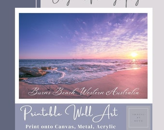 Impresión de arte de pared de puesta de sol costera para amantes de la playa, descarga instantánea de arena de nubes de cielo púrpura, imagen de playa de océano de amanecer vibrante, regalo perfecto