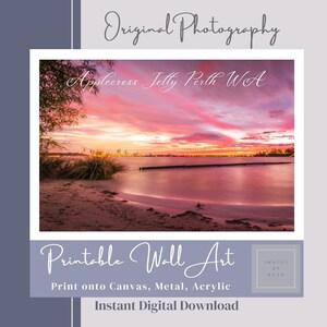 Applecross Jetty Sunrise, Easily Print this stunning Pink Sky Photograph onto Canvas for budget Home Decor Wall Art, Digital Download, Perth
