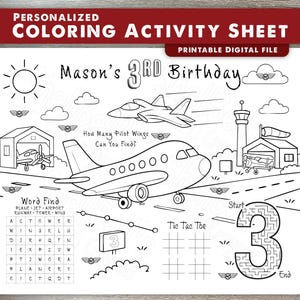Puede incluir: Hoja de actividades para colorear en blanco y negro con el texto "HOJA DE ACTIVIDADES PARA COLOREAR PERSONALIZADA" y "ARCHIVO DIGITAL IMPRIMIBLE". La hoja incluye un avión, un jet, una torre y un juego de búsqueda de palabras. También está presente el texto "3er cumpleaños de Mason".