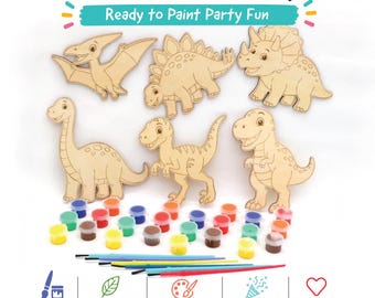 Dinosaur Wooden Paint party Pack for 6 Kids | Dinosaur Birthday Party Activity | DIY Dinosaur Craft Kit | Dinosaur Party Favor Set
