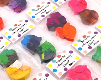 May include: A set of 10 party favor bags with colorful owl-shaped crayons and thank you tags that say "Thanks for making my party a hoot! -Moxie".