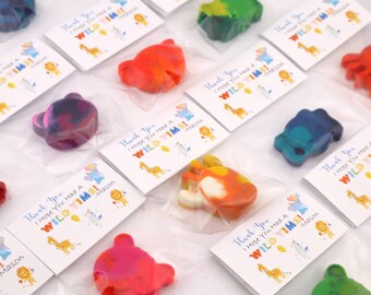 May include: A set of ten favor bags filled with colorful animal-shaped crayons. Each bag includes a thank you tag with the text "Thank You I Hope You Had A Wild Time! - Mason".
