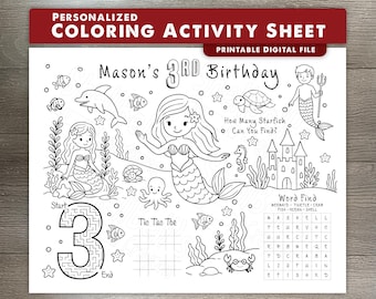 Mermaid Birthday Coloring Sheet – Personalized Name & Age – Digital Download – Mermaid Party Favor – Kids Coloring Activity