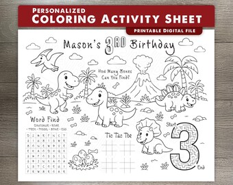Dinosaur Birthday Coloring Sheet – Personalized Name & Age – Digital Download – Dinosaur Party Favor – Kids Coloring Activity