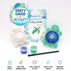 May include: A turtle-themed party favor kit featuring two turtle figurines, one white and one partially painted green and blue. Includes two small paint pots in blue and green, a black paintbrush, and a card with sea life graphics and text.