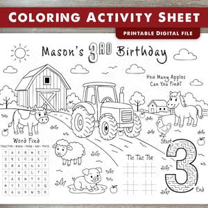 Tractor Birthday Coloring Sheet – Personalized Name & Age – Digital Download – Tractor Party Favor – Kids Coloring Activity