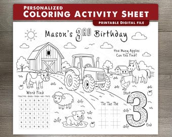 Tractor Birthday Coloring Sheet – Personalized Name & Age – Digital Download – Tractor Party Favor – Kids Coloring Activity