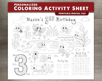 Bugs Birthday Coloring Sheet – Personalized Name & Age – Digital Download – Bug Party Favor – Kids Coloring Activity
