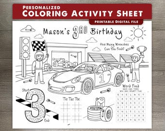 Race Car Birthday Coloring Sheet – Personalized Name & Age – Digital Download – Race Car Party Favor – Kids Coloring Activity