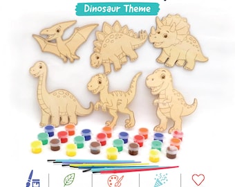 Dinosaur Wooden Paint party Pack for 6 Kids | Dinosaur Birthday Party Activity | DIY Dinosaur Craft Kit | Dinosaur Party Favor Set
