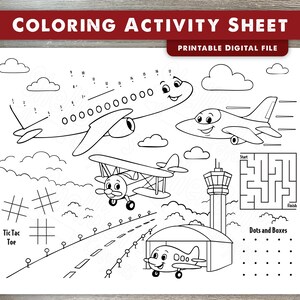 Puede incluir: Hoja de actividades para colorear en blanco y negro con aviones de dibujos animados, nubes, una torre de control y un laberinto. Incluye el texto "COLORING ACTIVITY SHEET" y "PRINTABLE DIGITAL FILE". También incluye juegos de Tic Tac Toe y Dots and Boxes.