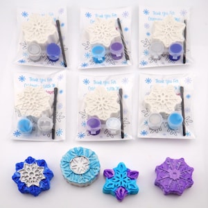 May include: A collection of snowflake-shaped craft kits and painted snowflake ornaments. The kits include a snowflake, paint pots, and a paintbrush, packaged in clear bags. The painted snowflakes are blue, teal, and purple.