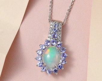 Premium Ethiopian Welo Opal and Multi Gemstone Sunburst Pendant Necklace 20 Inches in Platinum Over Sterling Silver 1.85 ctw  Eid Gift
