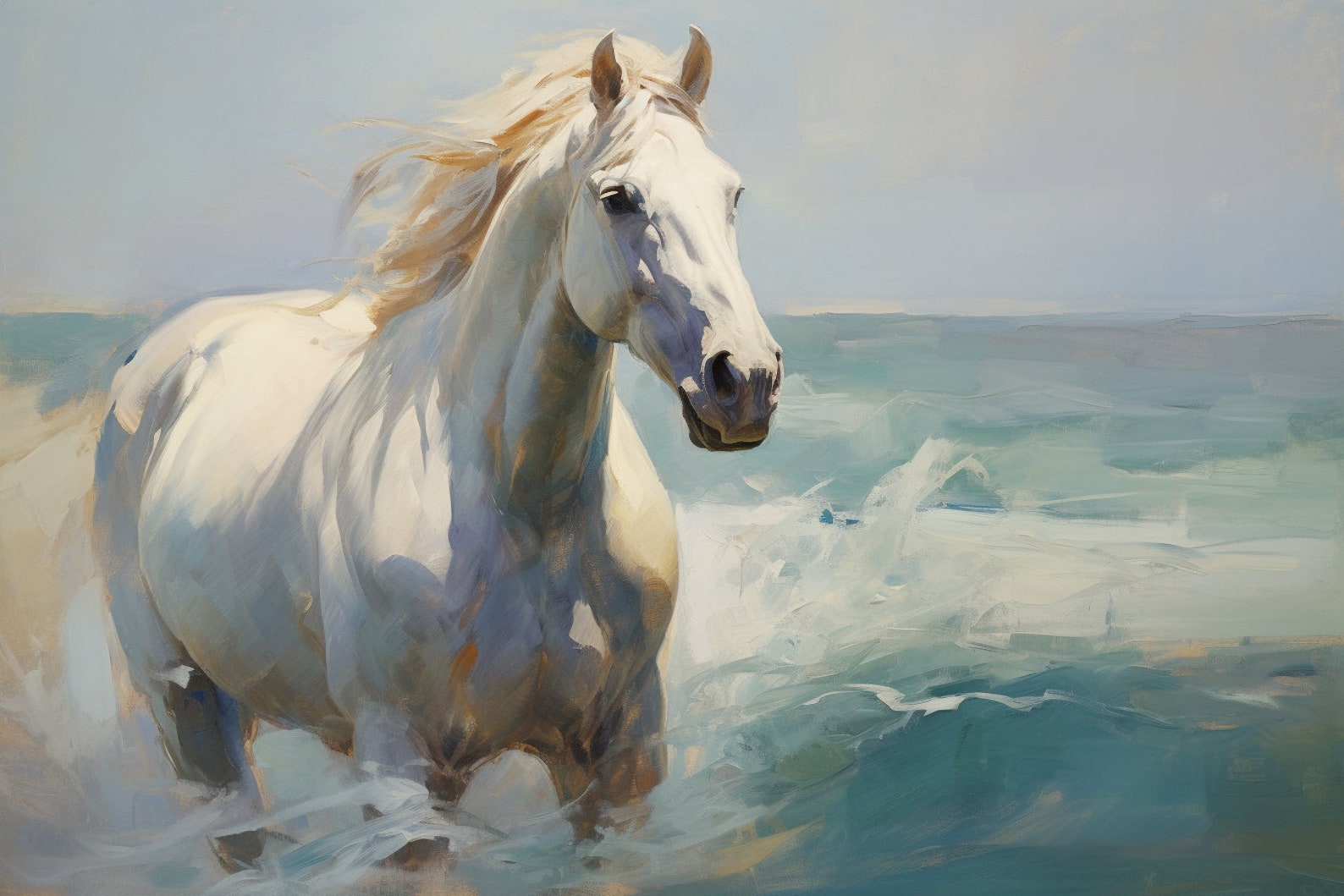 White Horse Oil Painting Portrait From Photo on Canvas, Digital Print ...
