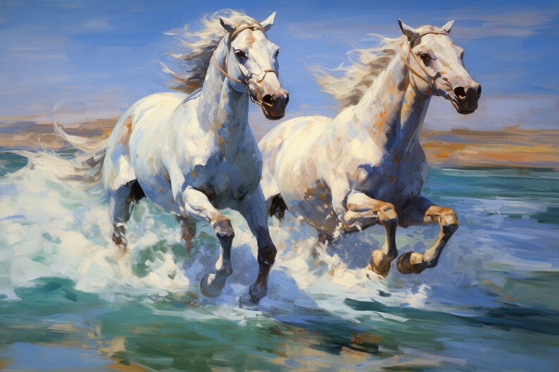 White Horse Oil Painting Portrait From Photo on Canvas, Digital Print