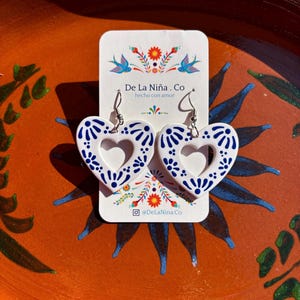 Blue and White Corazón Talaveras. Mexican Heart Tile Earrings.