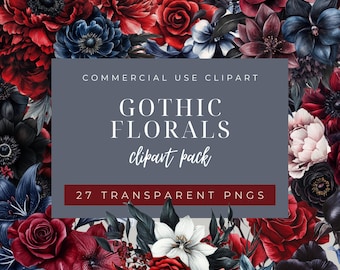 Gothic Floral Clipart Pack | Dark Red, Black & Blue Flowers | Watercolor Floral PNG | Commercial Use Clipart | Gothic Wedding l CA005