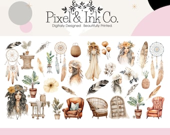 May include: A set of watercolor illustrations featuring bohemian and nature-inspired elements. The set includes dreamcatchers, feathers, plants, flowers, a chair, a bookshelf, and a woman with long hair. The illustrations are in shades of brown, beige, white, and green.