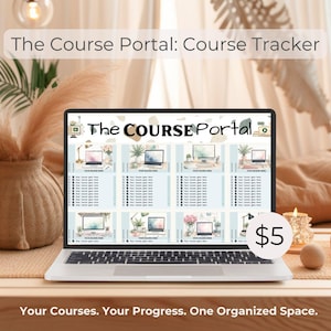 May include: A laptop screen displaying a digital course tracker titled The Course Portal. The interface features multiple sections with computer icons, floral accents, and checklists labeled Your lesson goes here, organized in a grid layout.