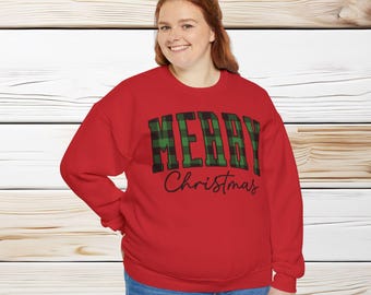 Plaid Merry Christmas Sweatshirt | Christmas Sweater | Holiday Gift | Festive Apparel