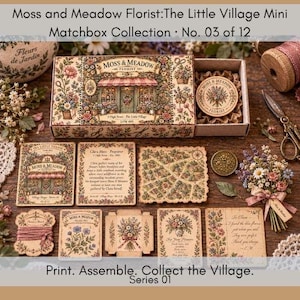 May include: A Moss and Meadow Florist matchbox collection set featuring a decorative box, a round wooden token, several illustrated cards with floral motifs, a small bouquet of dried flowers, and a spool of pink ribbon on a wooden surface.