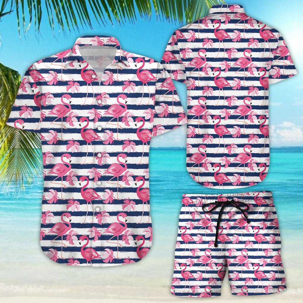 Discover Flamingo Hawaiian Shirt - Aloha Get Here Stripes Pattern Flamingo Hawaii Shirt