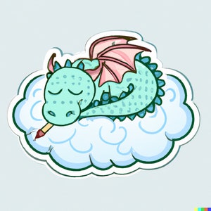 Puede incluir: Un dragón azul claro con alas rosas está durmiendo en una nube blanca con un contorno azul. El dragón tiene un lápiz amarillo en la boca.