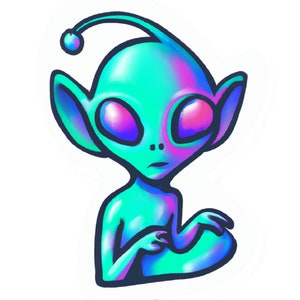 Pode incluir: Uma ilustração de desenho animado de um alienígena azul e roxo com olhos grandes e uma pequena antena. O alienígena está sentado com as pernas cruzadas e as mãos no colo.