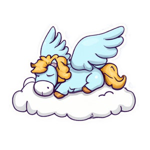 Puede incluir: Un unicornio azul alado con una melena y cola amarillas está durmiendo en una nube blanca.