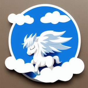 Peut inclure: Une licorne blanche ailée avec une crinière bleue vole dans un ciel bleu avec des nuages blancs.