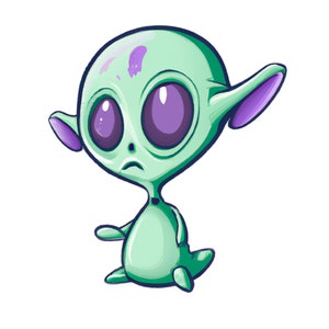 May include: A cartoon illustration of a green alien with large purple eyes and a sad expression. The alien has large, pointed ears and a small mouth. It is standing with its arms at its sides.
