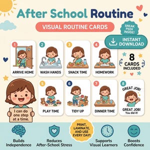 May include: A set of eight After School Routine visual cards featuring a cartoon character performing daily tasks like arriving home, washing hands, eating snacks, doing homework, playing, tidying up, and eating dinner, with a final Great Job card.