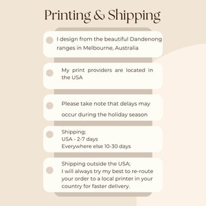 May include: A white background with a list of bullet points describing the printing and shipping process for a product. The text includes information about the designer's location, print providers, shipping times, and shipping outside the UK.