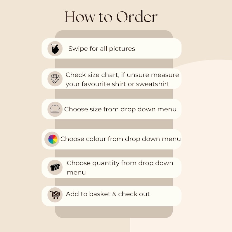 May include: A graphic with instructions on how to order a product online. The steps include swiping for all pictures, checking the size chart, choosing a size, choosing a color, choosing a quantity, and adding to the basket and checking out.
