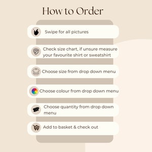 May include: A graphic with instructions on how to order a product online. The steps include swiping for all pictures, checking the size chart, choosing a size, choosing a colour, choosing a quantity, and adding to the basket and checking out.