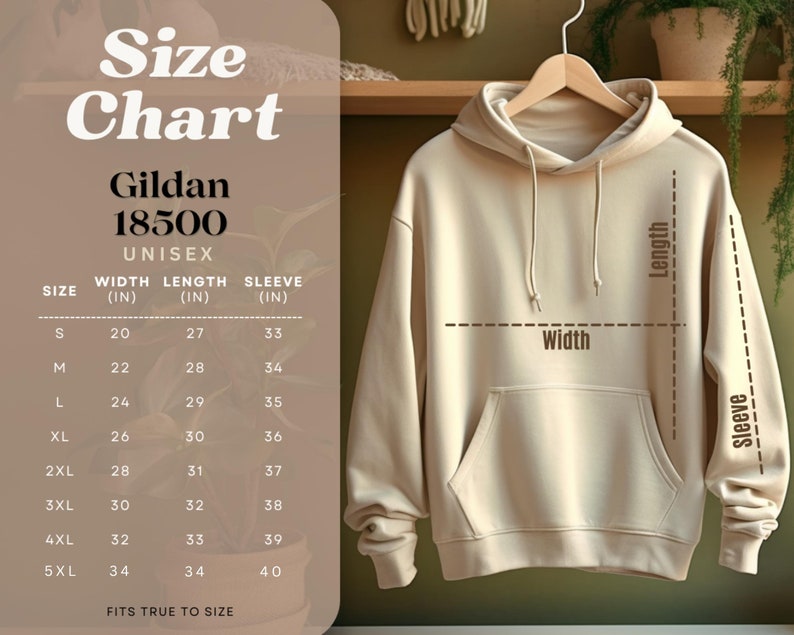 May include: Size chart for Gildan 18500 unisex hoodies. The chart shows width, length, and sleeve measurements in inches for sizes S through 5XL.  The chart says "Fits true to size".