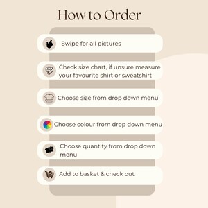 May include: A graphic with instructions on how to order a product online. The steps include swiping for all pictures, checking the size chart, choosing a size, choosing a color, choosing a quantity, and adding to the basket and checking out.