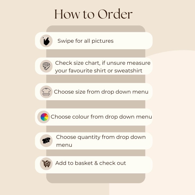 May include: A graphic with instructions on how to order a product online. The steps include swiping for all pictures, checking the size chart, choosing a size, choosing a color, choosing a quantity, and adding to the basket and checking out.