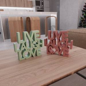Modelo de texto 3D Live Laugh Love para decoración del hogar con archivo STL y decoración de letras, archivo de impresión 3D, arte de letras, impresión 3D, buena onda, decoración impresa en 3D