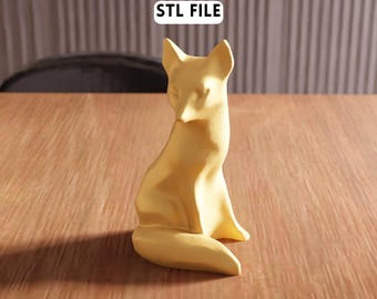 3D Sitting Fox Statue STL File - Modern animal sculpture for home display (Digital Download)