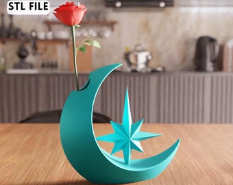 3D Crescent Star Vase STL File - Celestial Home Decor Modern Flower Holder (Digital Download)