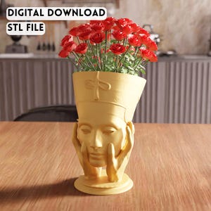 Jarrón con cabeza de Nefertiti en 3D, archivo STL: elegante jarrón con cara para decoración del hogar (descarga digital)