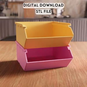 3D Stackable Storage Bin STL File - Modular organizer box for shelves workspace (Digital Download)