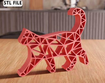 Archivo STL de gato 3D de baja poligonización: estatua geométrica decorativa para el hogar (descarga digital)