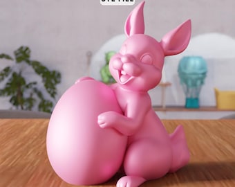 3D Easter Bunny Figurine STL File - Rabbit Holding Egg Decor (Digital Download)
