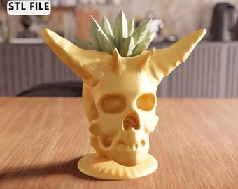 Fichier STL 3D de jardinière de crâne de démon - art fantastique d'halloween de décoration de corne (téléchargement numérique)
