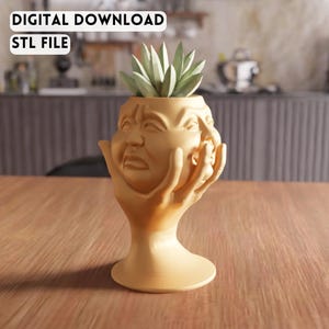 3D Gesicht Planter STL Datei - Einzigartige Hand hält Kopf Vase für Sukkulenten (Digitaler Download)