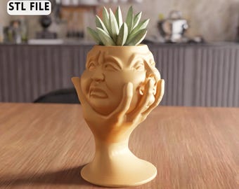 3D Face Planter STL File - Unique Hand Holding Head Vase for Succulents (Digital Download)