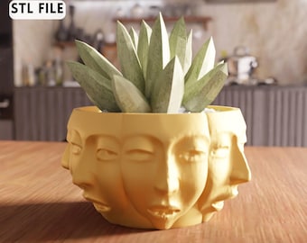 3D Multi Face Planter STL File - Artistic succulent pot design (Digital Download)